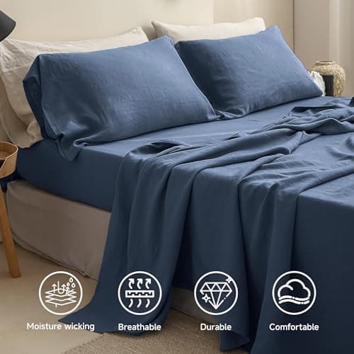 Simple Opulence 100% Linen Queen Bed Sheets, Classic Blue, 4-Piece Set