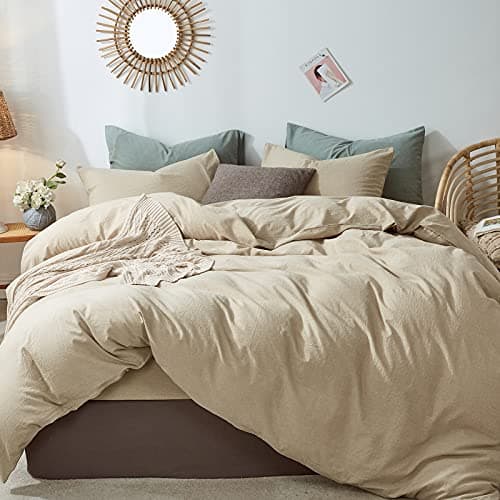 MooMee Bedding Duvet Cover Set in Brown, Queen Size 100% Washed Cotton Linen Like Textured Breathable and Durable Soft Comfy