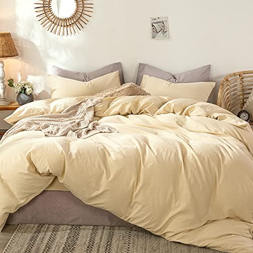 MooMee Bedding Duvet Cover Set in Brown, Queen Size 100% Washed Cotton Linen Like Textured Breathable and Durable Soft Comfy