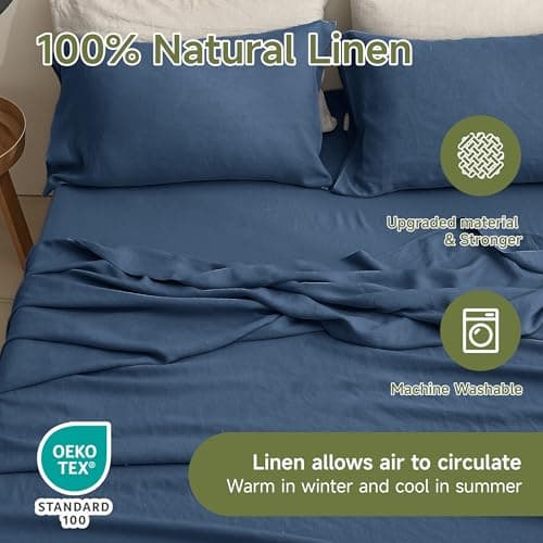 Simple Opulence 100% Linen Queen Bed Sheets, Classic Blue, 4-Piece Set