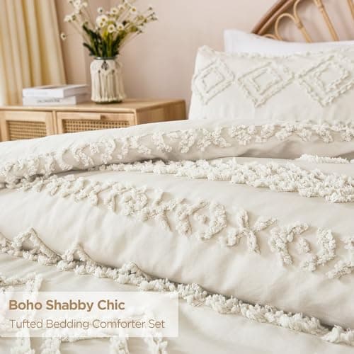 Andency Boho Beige Comforter Queen Set, Fluffy Warm Farmhouse Bedding