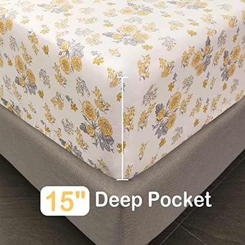Vintage Flower Printed Full Size Bed Sheet Set with 15 Deep Pocket - 4 Piece Microfiber Patterned Sheet Set