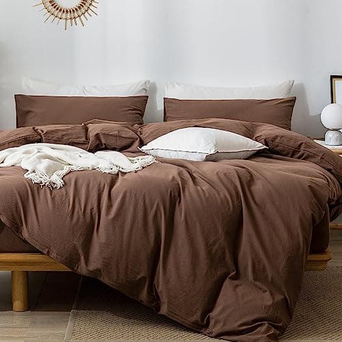 MooMee Bedding Duvet Cover Set in Brown, Queen Size 100% Washed Cotton Linen Like Textured Breathable and Durable Soft Comfy