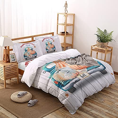 Pumpkin Market Quilted Bedding Set for Kids Full Size Top Sheet Rustic Autumn