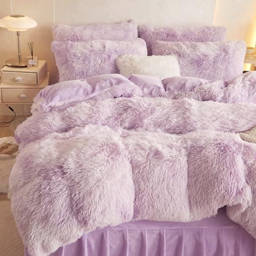 Tie Dye Purple Faux Fur Comforter Set - Queen, 3 Pieces