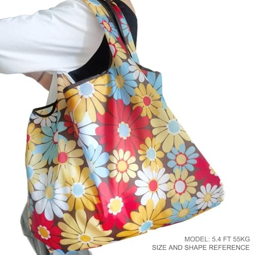 Foldable Reusable Grocery Bags with Long Handles and Fold-Up Pouch