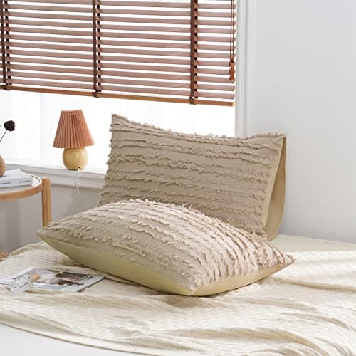 Cotton Tufted Pillowcases Set of 2 Linen Striped Jacquard Beige Standard Cover Pack