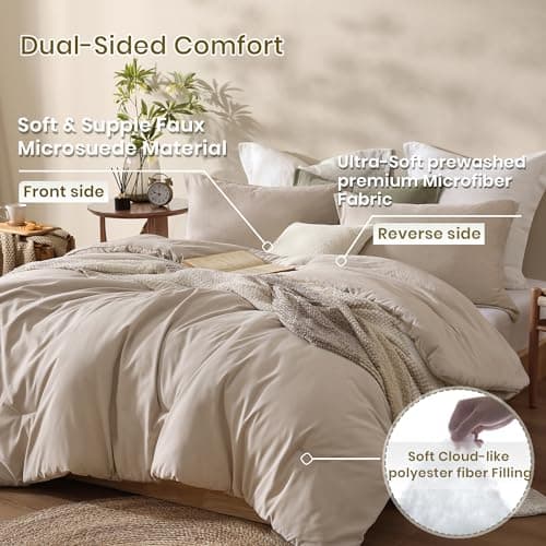 Boho Queen Comforter Set Beige, 3-Piece Modern Farmhouse Bedding Light & Fluffy