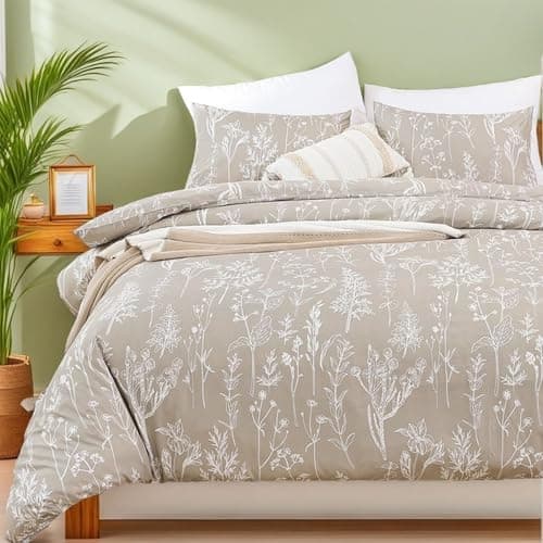JANZAA Queen Oatmeal Floral Comforter Set with 2 Pillow Shams