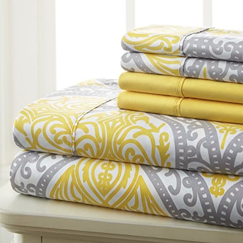 King Size Bed Sheets Set - Deep Pockets, Floral Ultra Soft Microfiber, 90 Thread Count (Grey/Yellow Medallion)