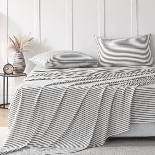 JELLYMONI Queen Size Striped Bed Sheets Set - 4 Pieces, 100% Cotton, Deep Pockets, Ultra-Soft