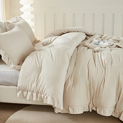 Litanika Queen Beige Ruffle Comforter Set, 3 Pieces, Fluffy Bedding