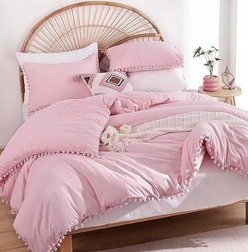 YIRDDEO Queen Size Comforter Set with Ball Pom Fringe - Oatmeal
