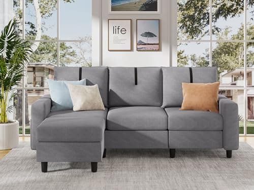 Modern 3-Seat L Shaped Sectional Sofa with Reversible Ottoman, Light Grey Linen Fabric