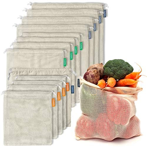 Reusable Organic Cotton Mesh Produce Bags, 12+1 Double-Stitched, Tare Weigh, 4 Sizes