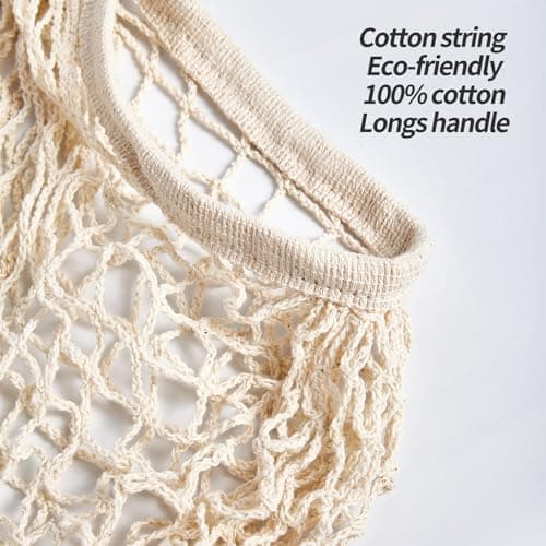 2 Pack Eco-Friendly Cotton Mesh Shopping Bags, Reusable Beige Handle Tote