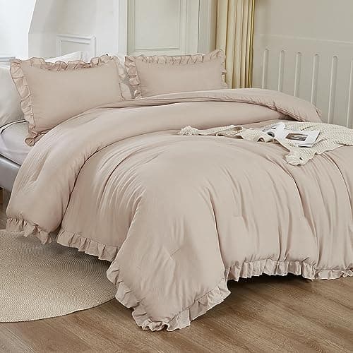 Litanika Queen Beige Ruffle Comforter Set, 3 Pieces, Fluffy Bedding