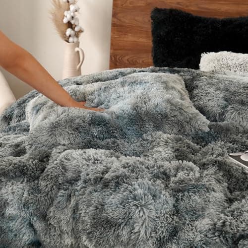 PHF Shaggy Fluffy Faux Fur King Size Duvet Cover Set