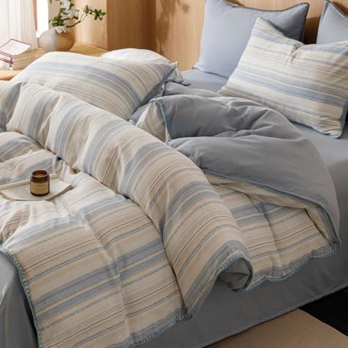 VM VOUGEMARKET Queen Blue Striped Duvet Cover & Pillowcases Set