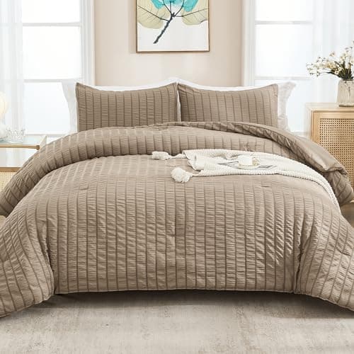 Beige Seersucker Queen Comforter Set - 3 Pieces, 100% Washed Microfiber, Lightweight Comforter with 2 Pillowcases