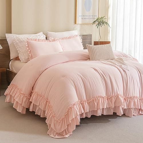 Masaca Ruffled Comforter Set Queen, Farmhouse Boho Chic Linen Feel Bedding