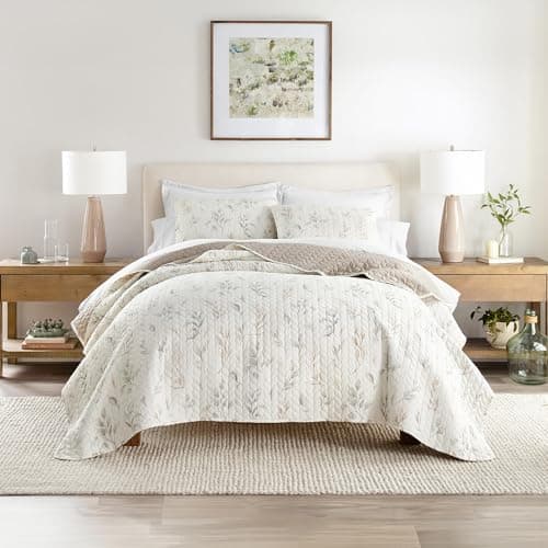King Watercolor Leaves Latte Quilts in Linen Market