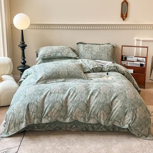 VM VOGUEMARKET Gold Green Flower Percale cotton Duvet Cover with Zipper Closure