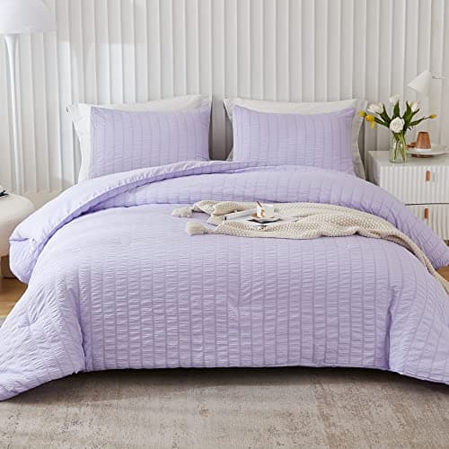 Beige Seersucker Queen Comforter Set - 3 Pieces, 100% Washed Microfiber, Lightweight Comforter with 2 Pillowcases