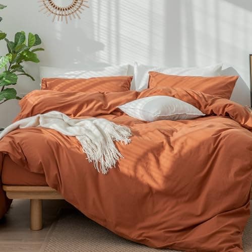 MooMee Bedding Duvet Cover Set in Brown, Queen Size 100% Washed Cotton Linen Like Textured Breathable and Durable Soft Comfy