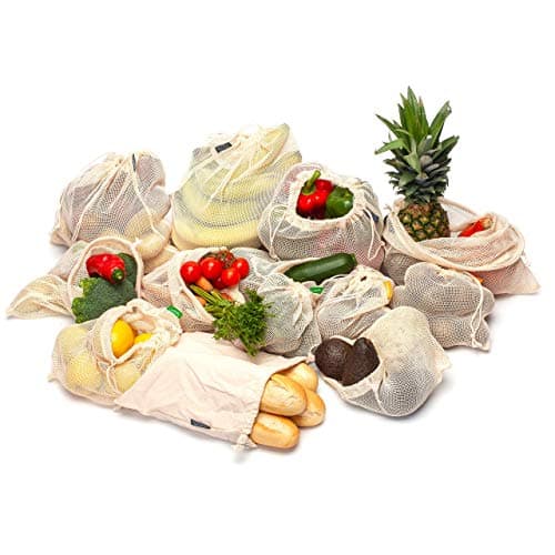 Reusable Organic Cotton Mesh Produce Bags, 12+1 Double-Stitched, Tare Weigh, 4 Sizes