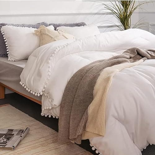 YIRDDEO Queen Size Comforter Set with Ball Pom Fringe - Oatmeal
