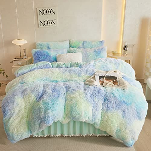 Fluffy White Duvet Cover Set for Twin Bed, 2 Pieces (1 Faux Fur Duvet Cover + 1 Plush Pillow Cases)