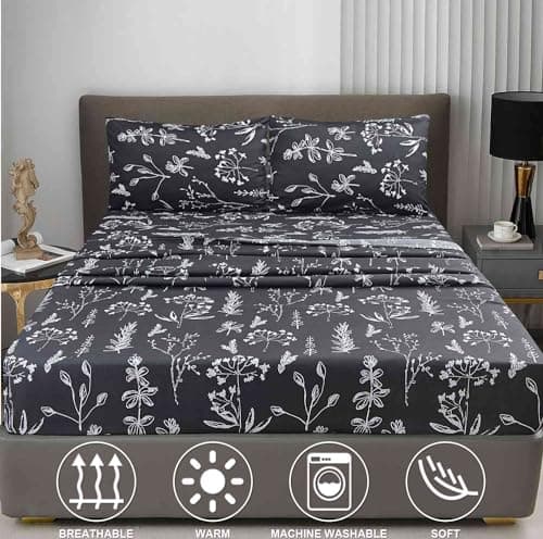 Nanko Floral Bed Sheet Set King Size 4 Pieces, Soft Microfiber Bedding Sets - Flat Sheet, Deep Pocket Fitted Sheet with 2 Pillowshames