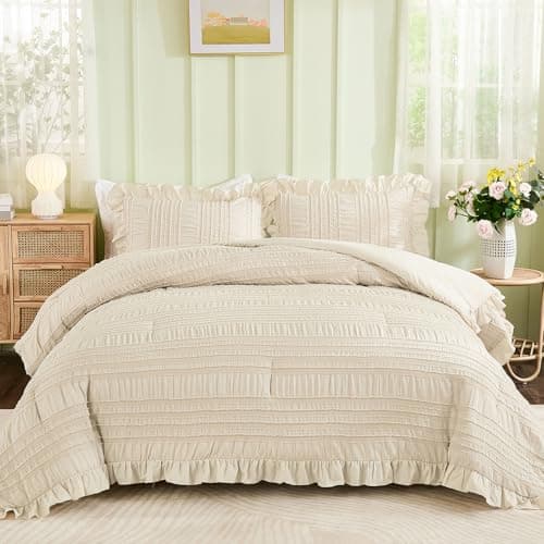WONGS BEDDING Queen Shabby Chic Comforter Set 3 Pieces Ruffle SeersuckerTextures