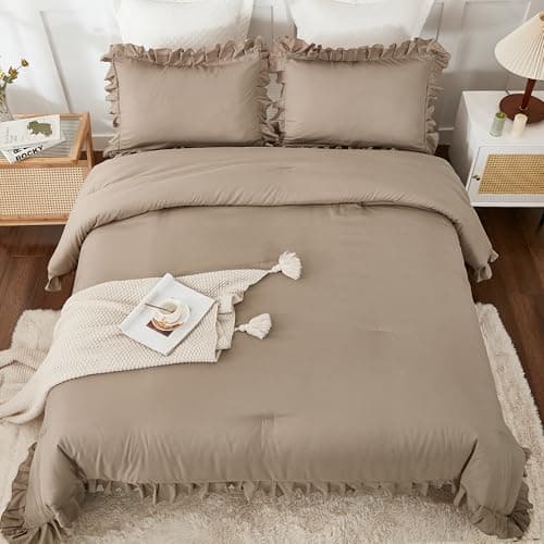 Andency Khaki Queen Comforter Set, 3 Pieces Shabby Chic Bedding