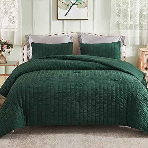 Beige Seersucker Queen Comforter Set - 3 Pieces, 100% Washed Microfiber, Lightweight Comforter with 2 Pillowcases