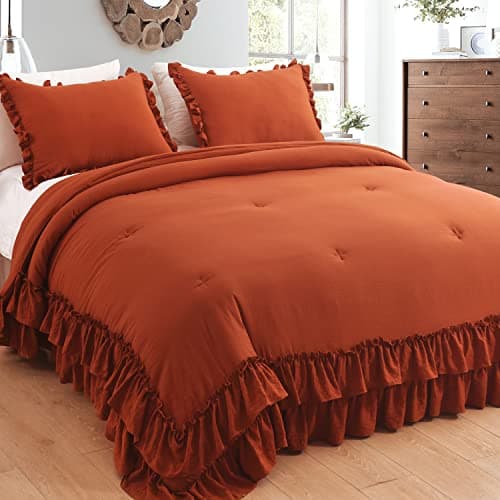 Masaca Ruffled Comforter Set Queen, Farmhouse Boho Chic Linen Feel Bedding
