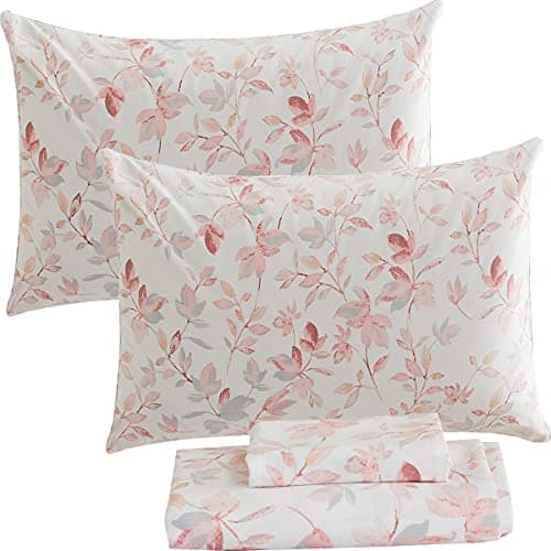 Queen Percale Cotton Sheets Set, Luxury Vintage Roses Floral, Deep Pocket Fitted, Super Soft & Breathable, 4pcs