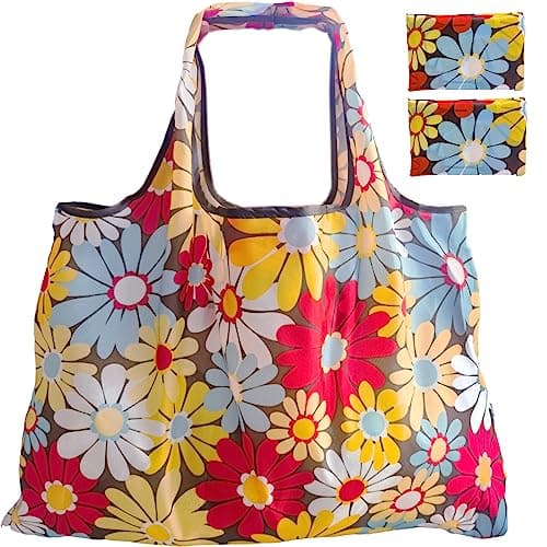 Foldable Reusable Grocery Bags with Long Handles and Fold-Up Pouch