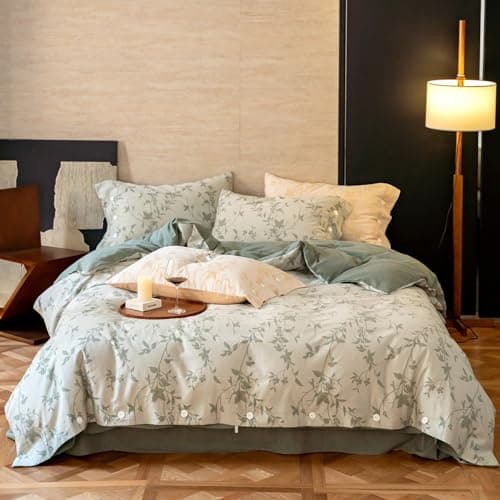 VM VOGUEMARKET Gold Green Flower Percale cotton Duvet Cover with Zipper Closure