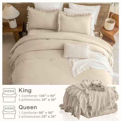 Masaca Ruffled Comforter Set Queen, Farmhouse Boho Chic Linen Feel Bedding