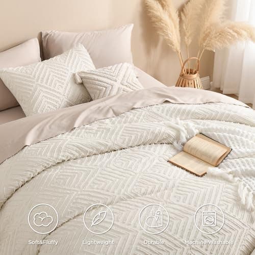 Andency Queen Comforter Set Beige, 3 Pieces Tufted Farmhouse Bedding