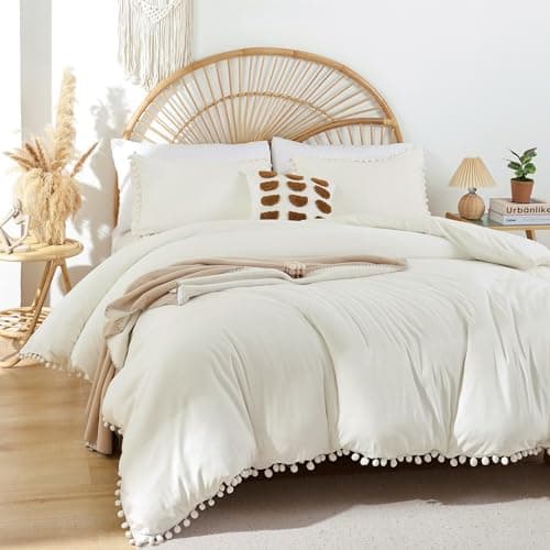 YIRDDEO Queen Size Comforter Set with Ball Pom Fringe - Oatmeal