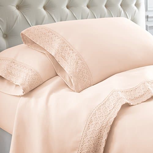 Modern Threads Soft Microfiber Crochet Lace Sheets - White/Blush Queen