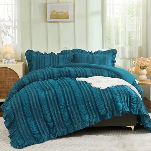 WONGS BEDDING Queen Shabby Chic Comforter Set 3 Pieces Ruffle SeersuckerTextures