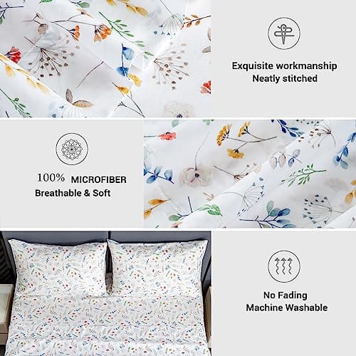 Ultra Soft Breathable Silky Flower Bed Sheets - 4 Piece Full Size White Floral