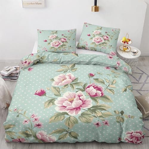 Oversized Queen Wildflower Duvet Cover & Shams, Green Quilt Set with Zipper