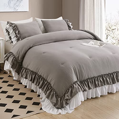 Masaca Ruffled Comforter Set Queen, Farmhouse Boho Chic Linen Feel Bedding