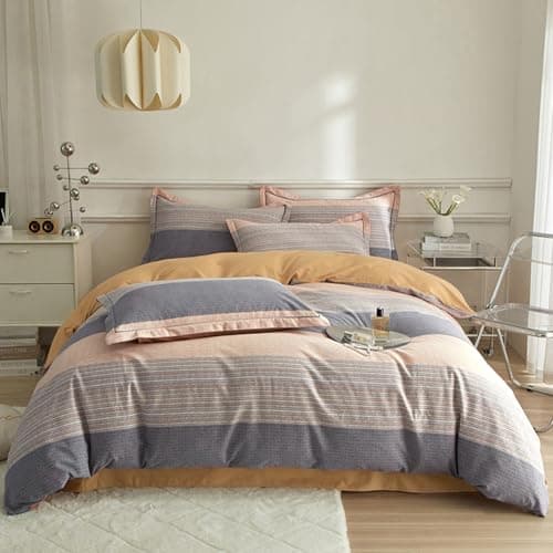 VM VOUGEMARKET Queen Blue Striped Duvet Cover & Pillowcases Set