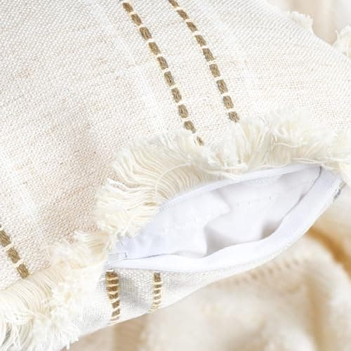 Set of 2 Farmhouse Linen Throw Pillow Covers with Fringe, Boho Textured, Beige with White & Brown Stitch Yarn Dyed Stripe - Cover ONLY